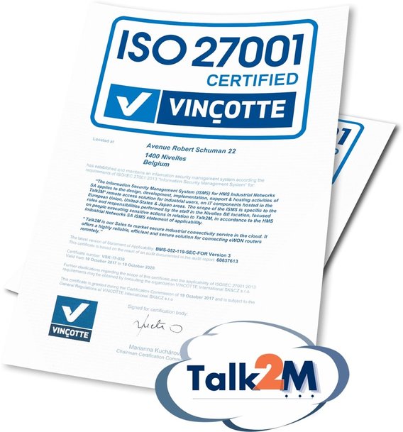 Společnost HMS získala pro  eWON® Talk2M certifikát podle ISO 27001